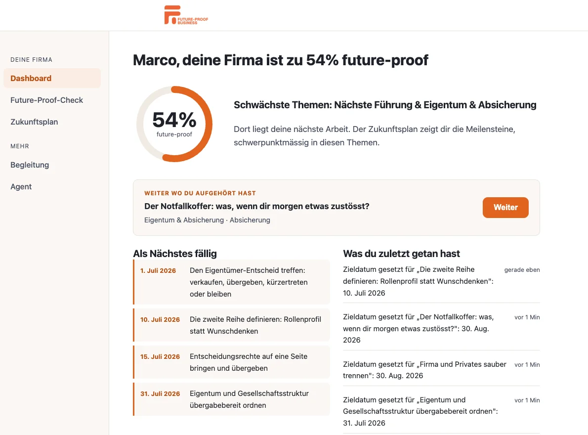 Dashboard mit Future-Proof-Score und den nächsten Schritten